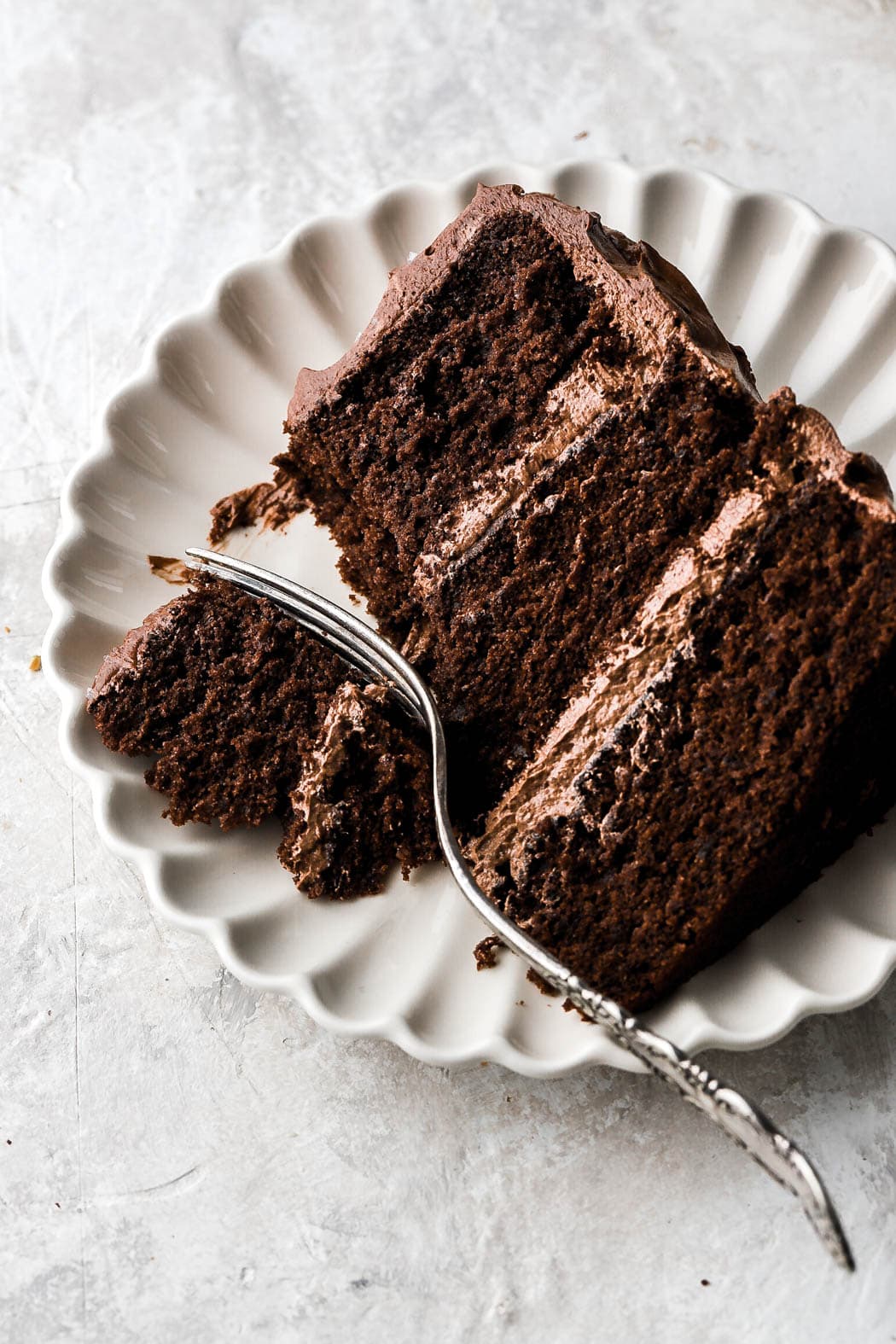 bite of chocolate cake on a plate