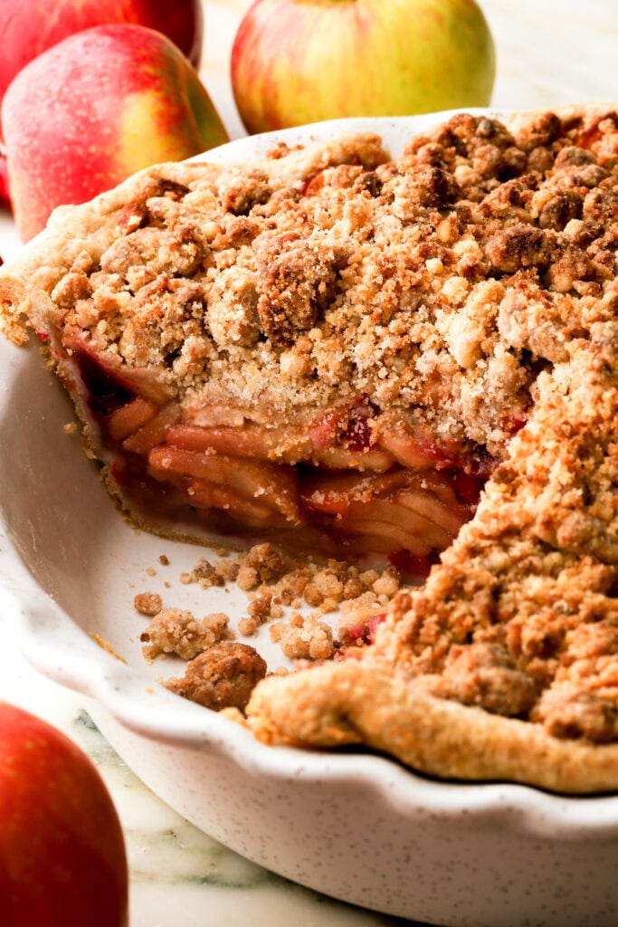cranberry apple pie in the pan sliced 