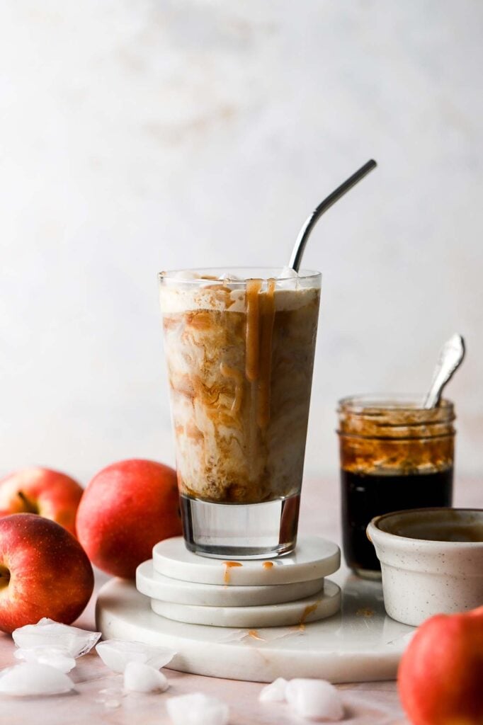 iced apple crisp macchiato with spiced caramel drizzle