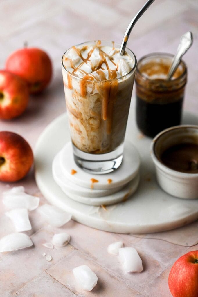 iced apple crisp macchiato with spiced caramel drizzle
