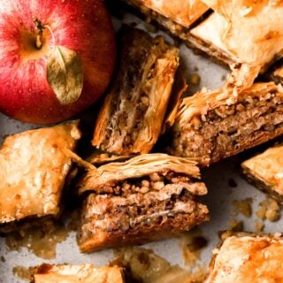 close up apple baklava with red apple
