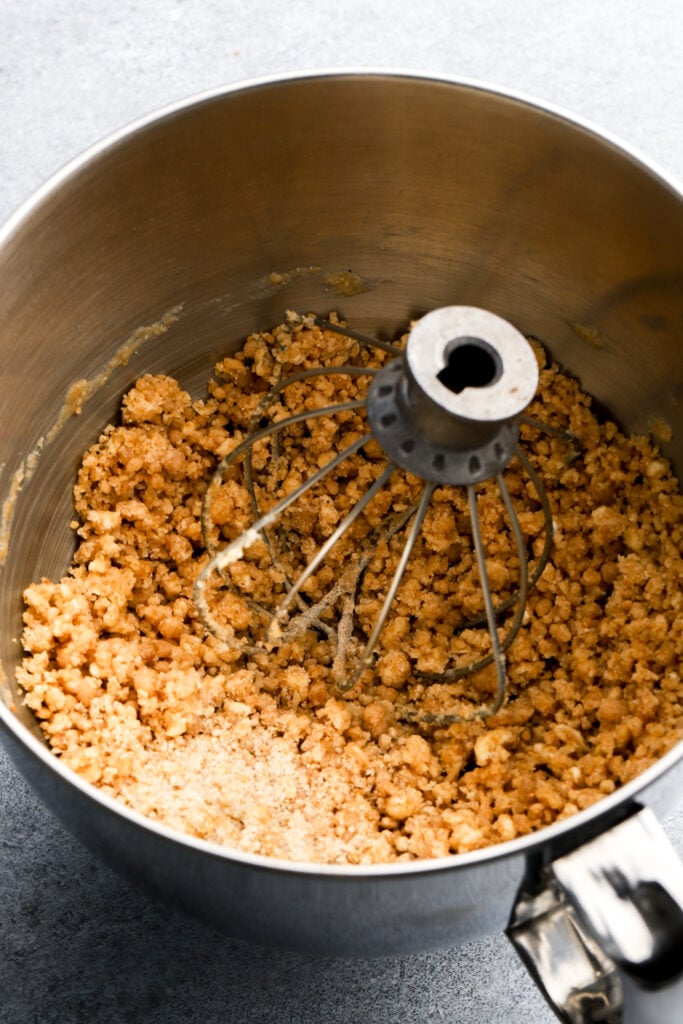 dry ingredients mixed with butter and oil. 