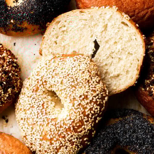 homemade bagels with one cut in half