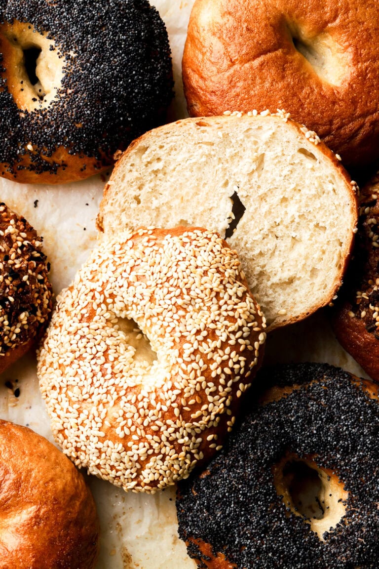 homemade bagels with one cut in half