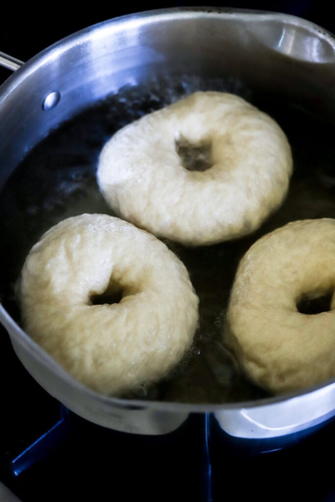 bagels boiling in water