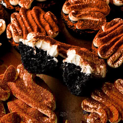 chocolate tiramisu donuts with a bite taken out
