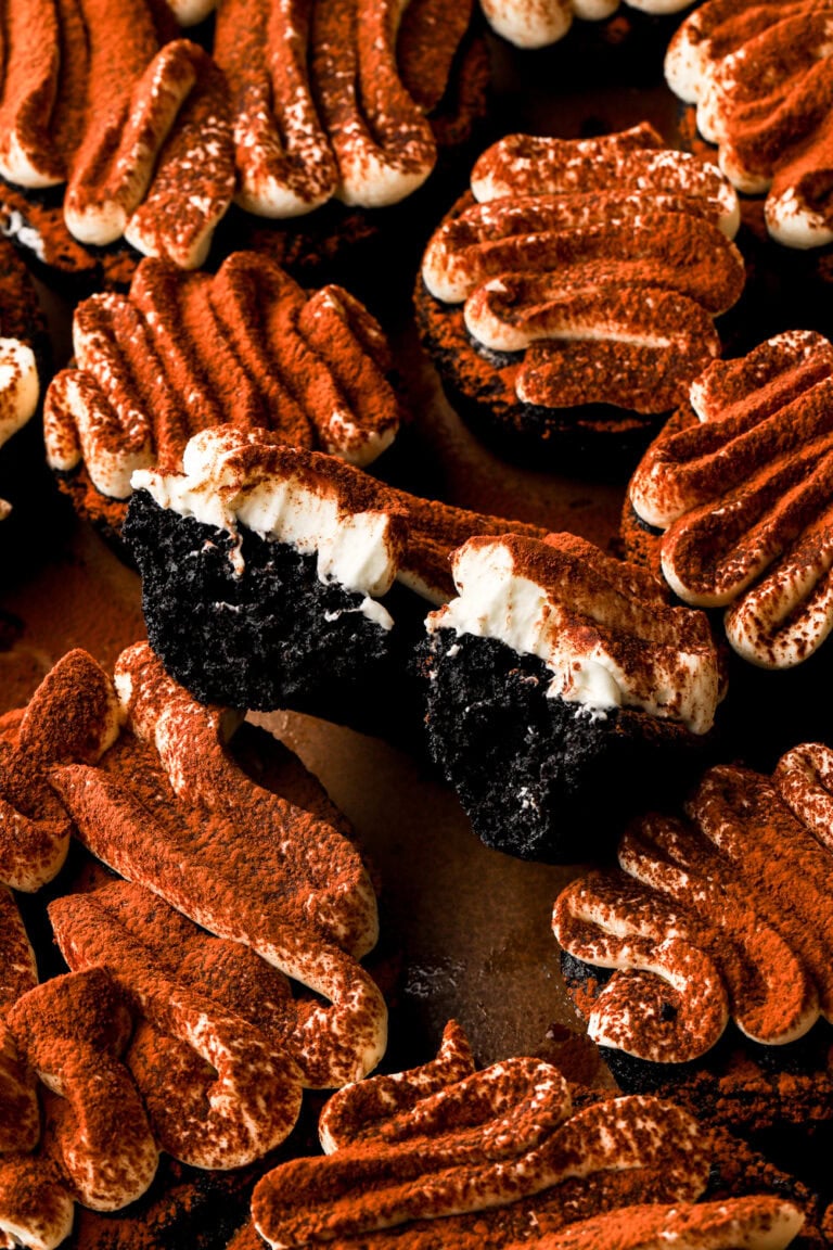 chocolate tiramisu donuts with a bite taken out