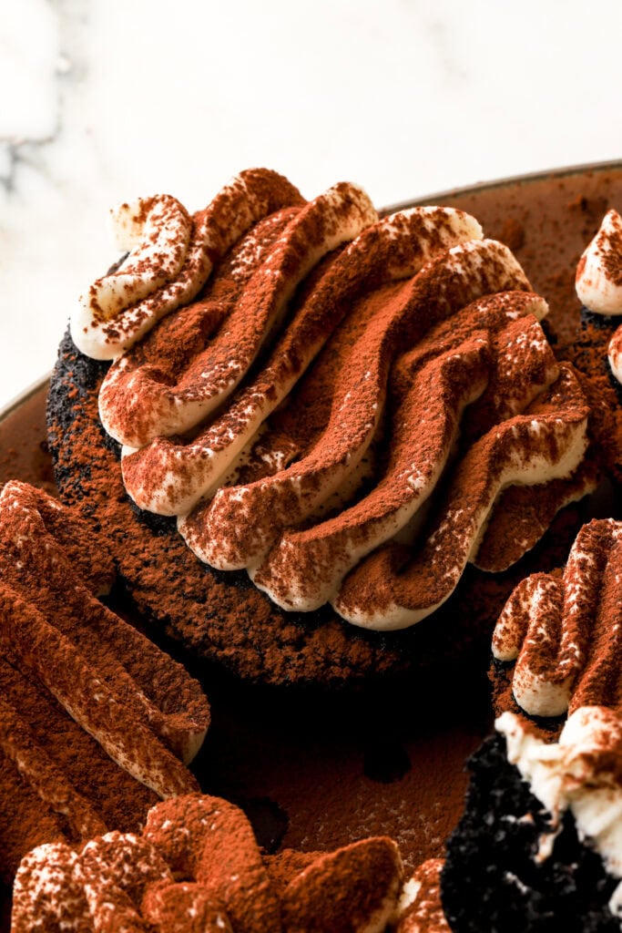 chocolate tiramisu donut frosted with mascarpone cream and dusted with cocoa powder
