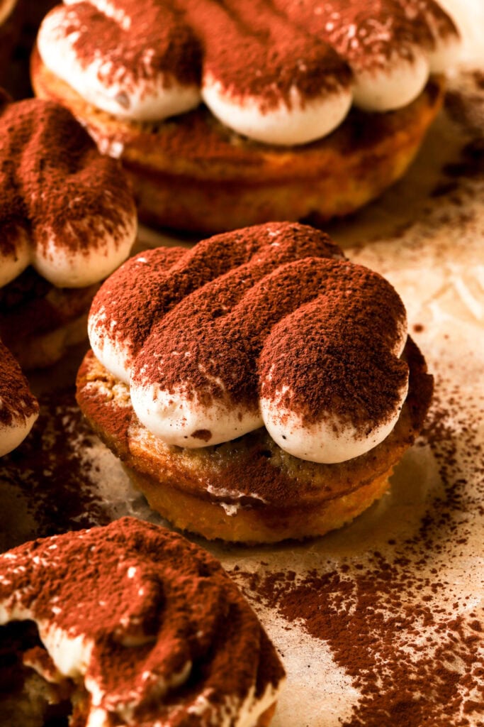 close up of a mini tiramisu donut