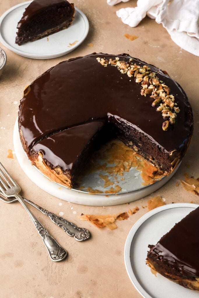 chocolate baklava cake with slice taken out