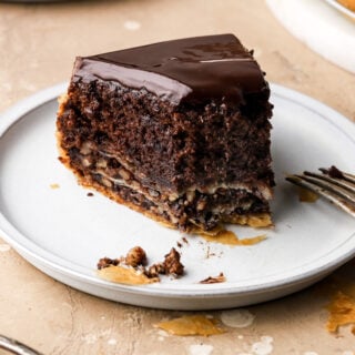 slice of chocolate baklava cake on a plate