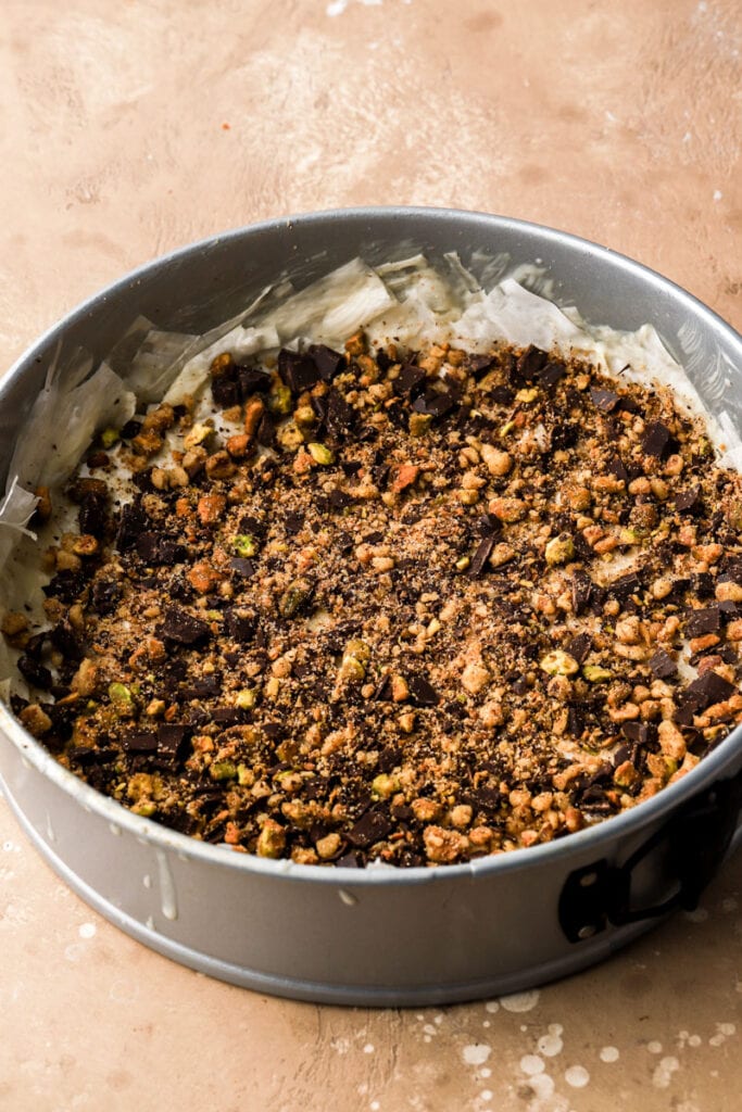 nut filling on buttered phyllo dough