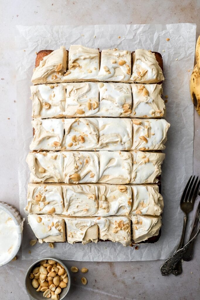 banana cake with peanut butter swiss meringue buttercream and marshmallow fluff