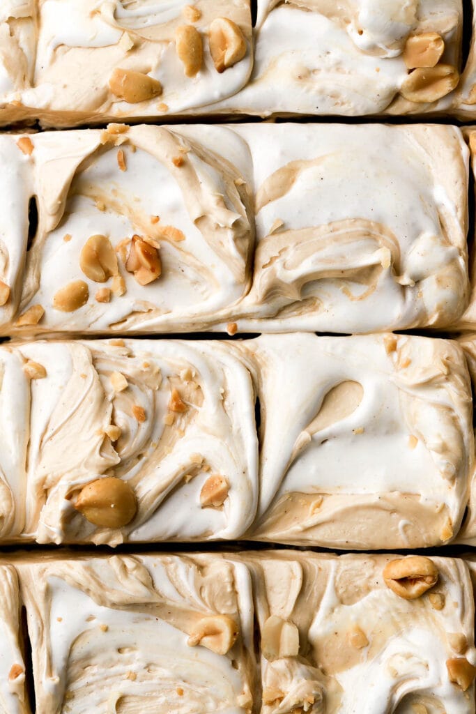 banana cake with peanut butter swiss meringue buttercream and marshmallow fluff