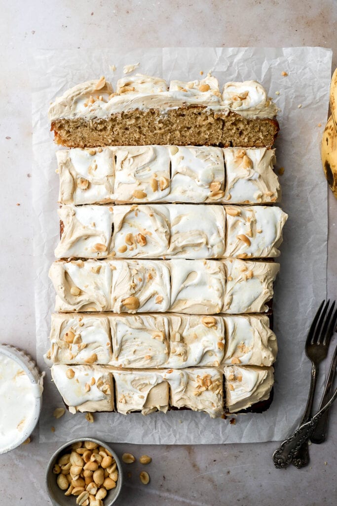 banana cake with peanut butter swiss meringue buttercream and marshmallow fluff
