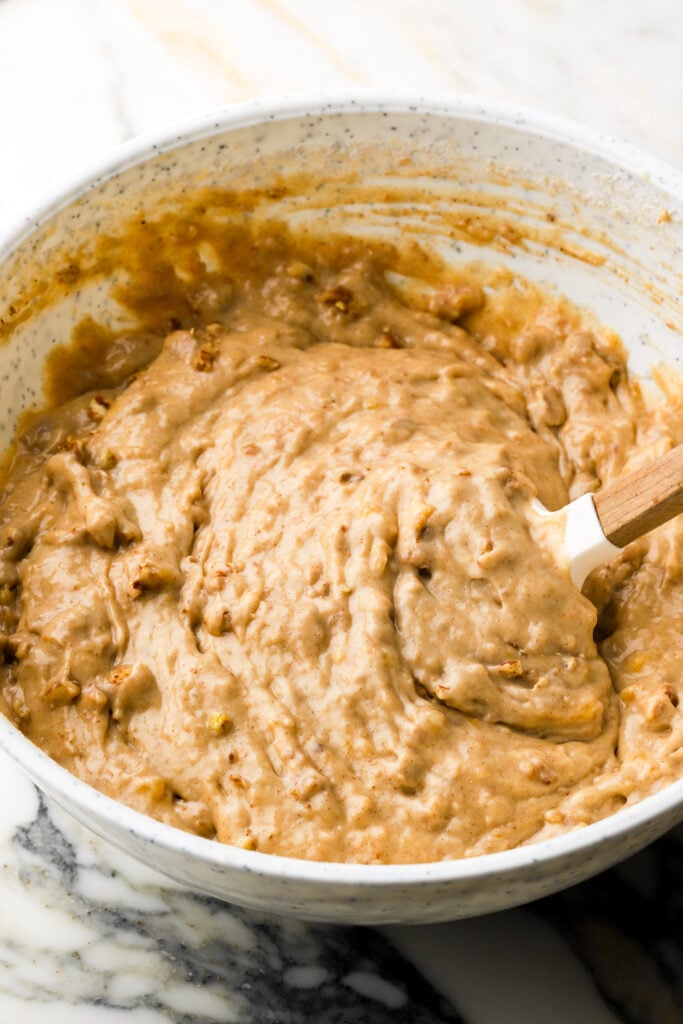 dry ingredients and nuts added to batter