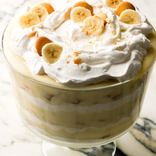 Banana pudding fully assembled in a trifle dish