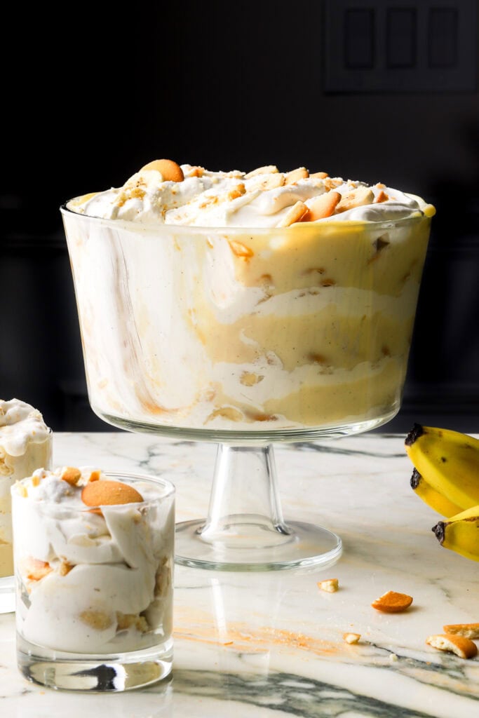 classic banana pudding served in a trifle dish