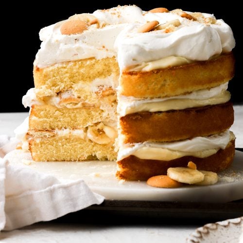 banana pudding cake sliced, showing the inside
