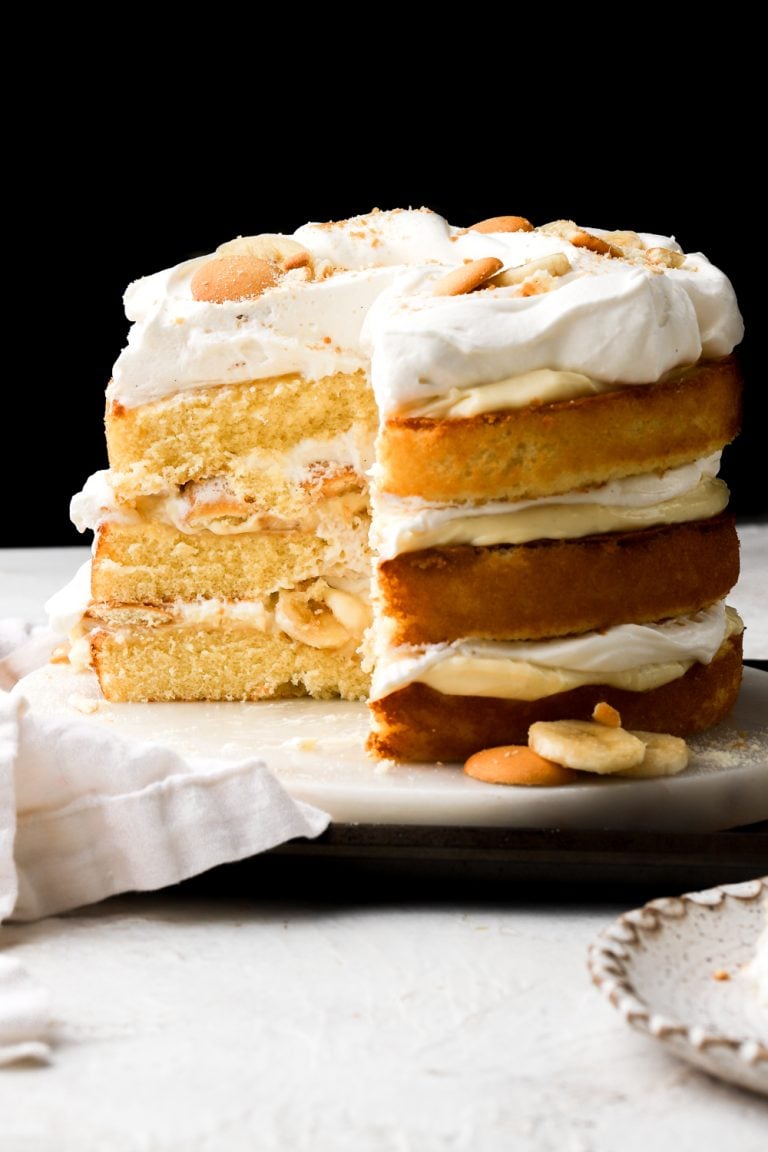 banana pudding cake sliced, showing the inside