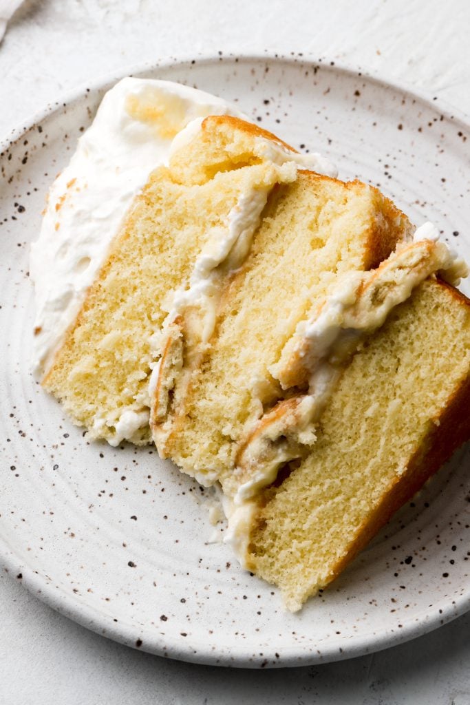 slice of banana pudding cake on a plate 