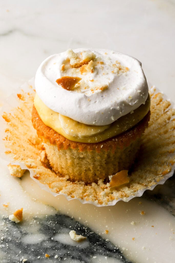 banana pudding cupcake with the cupcake liner removed