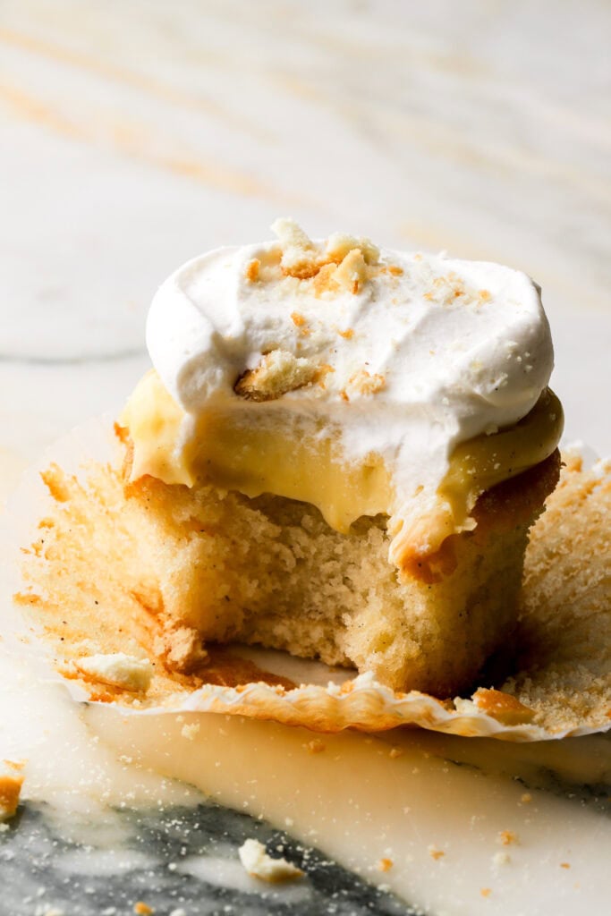 bite taken out of a banana pudding cupcake