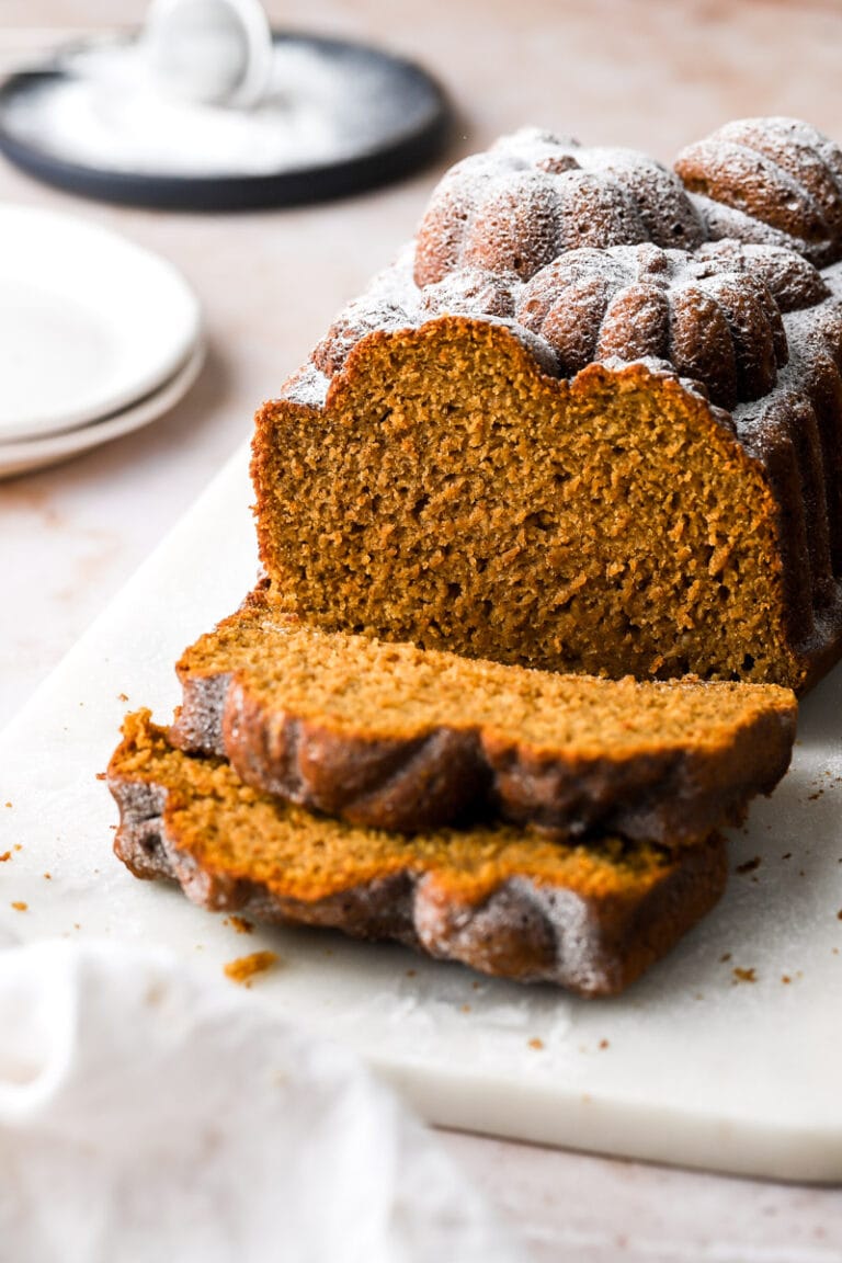 pumpkin banana bread dusted with powdered sugar