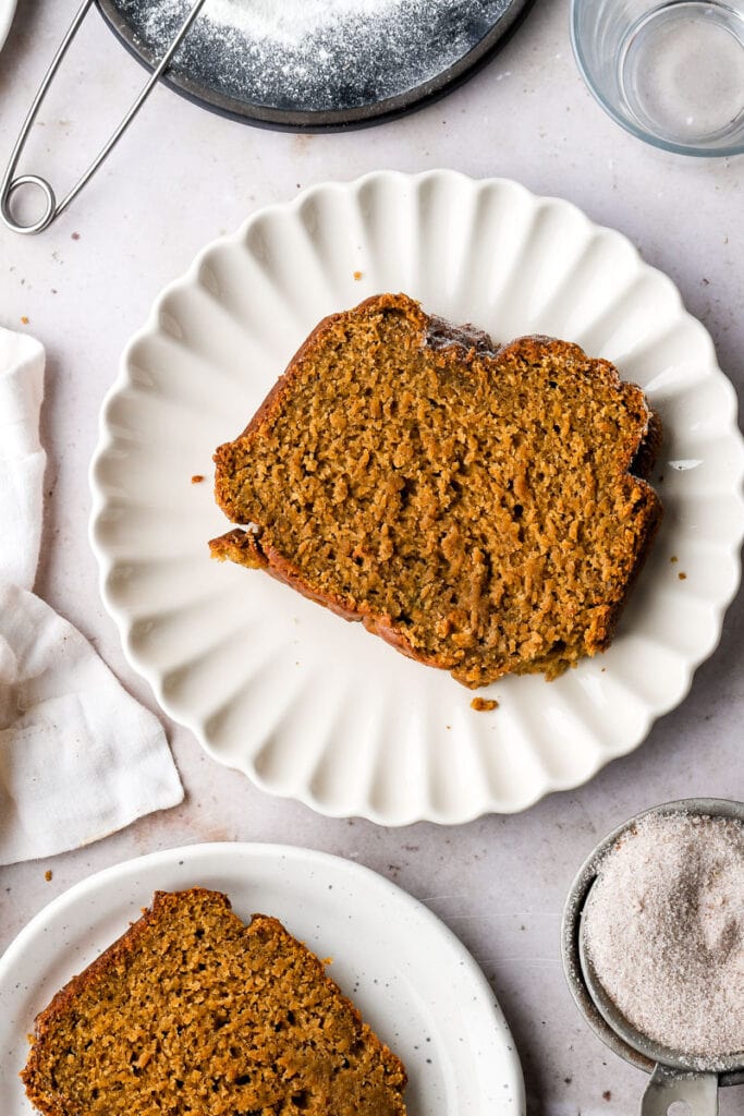 slice of pumpkin banana bread on a plate