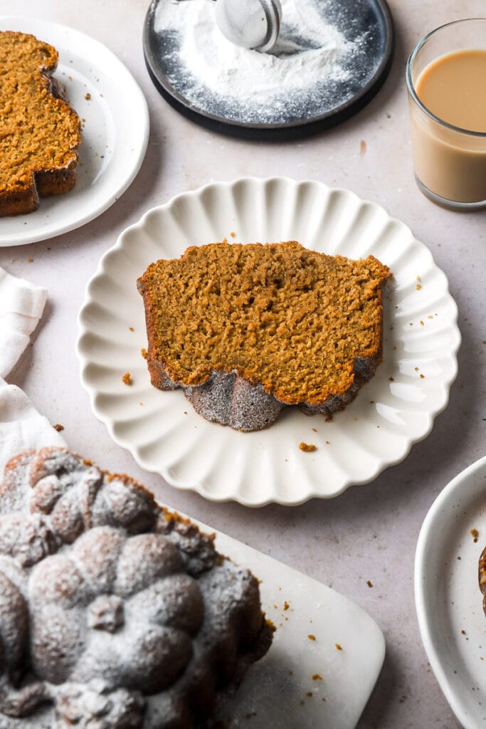 slice of pumpkin banana bread on a plate