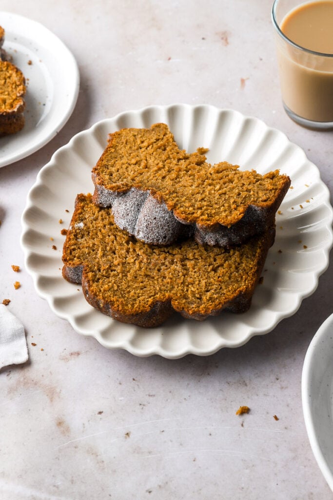 two slices of pumpkin banana bread on a plate