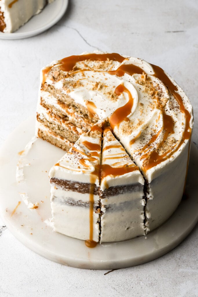 banoffee cake with a few slices taken out 