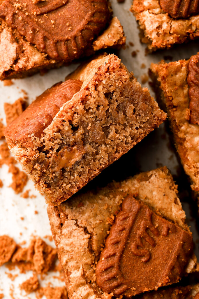 Biscoff blondie sliced showing inside