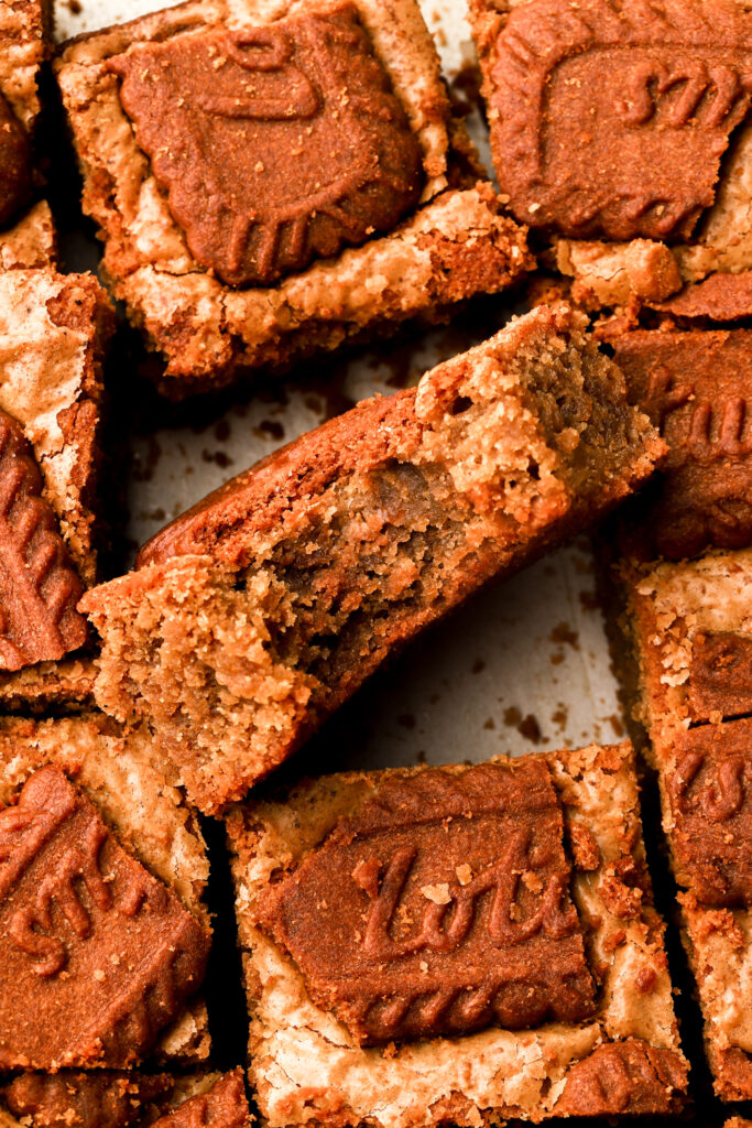 bite taken out of biscoff blondies