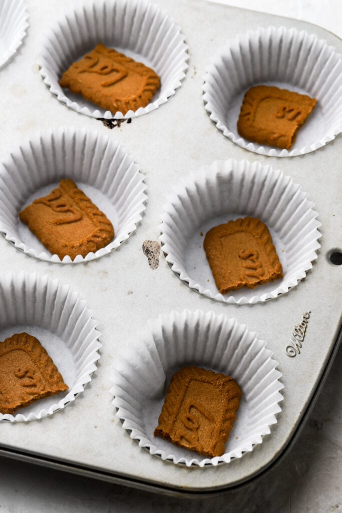 biscoff cookie on the bottom of cupcake liner