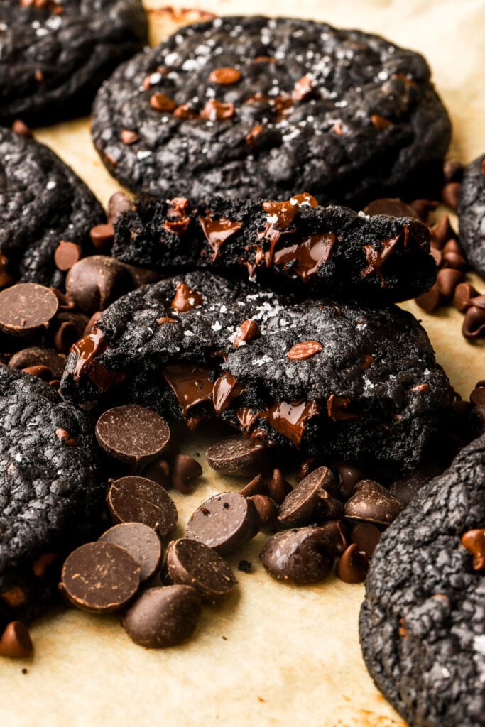 fudgy black cocoa cookies stuffed with chocolate chips