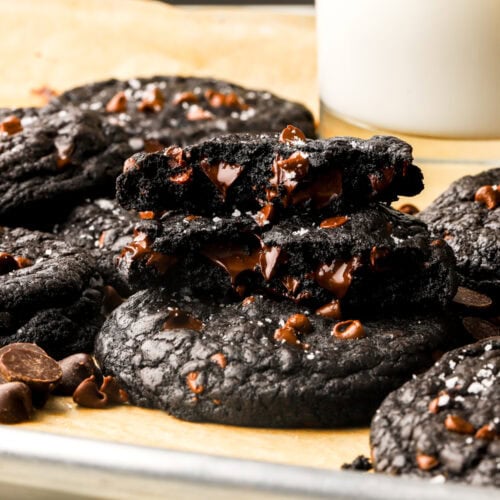 fudgy black cocoa cookies stuffed with chocolate chips