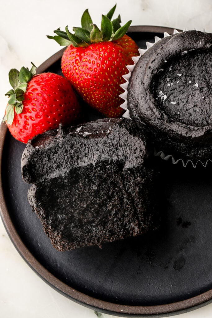 close up of inside texture of black cocoa cupcakes