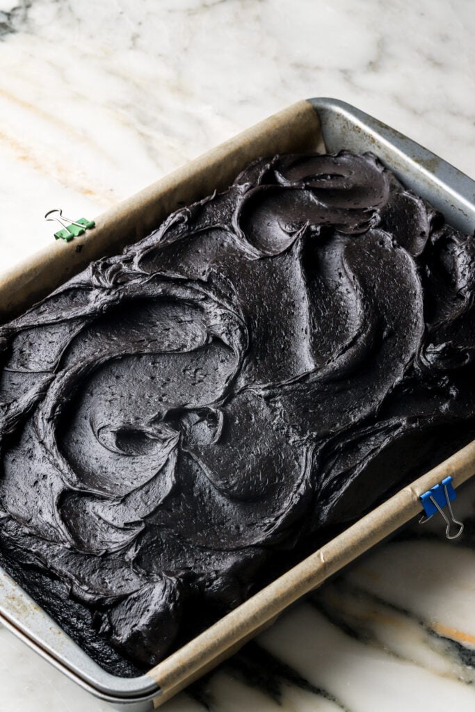black cocoa sheet cake frosted with black cocoa frosting