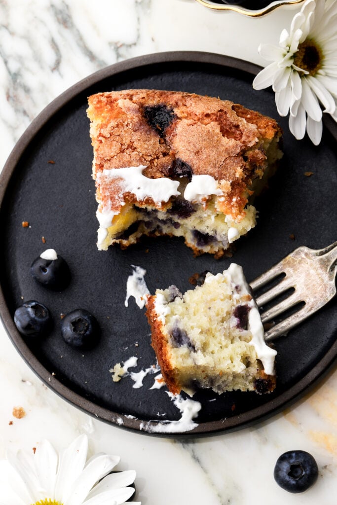blueberry muffin cake on a plate with a bite on a fork