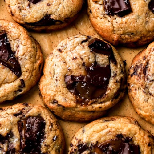 brown butter chocolate chip cookies on a cookie sheet