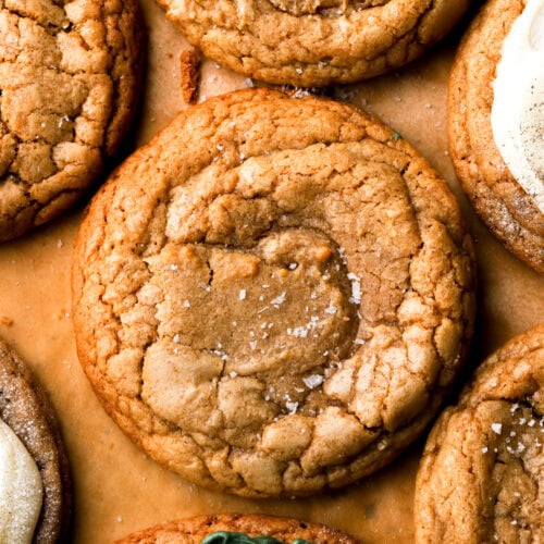 close up of brown sugar cookies with sea salt on top