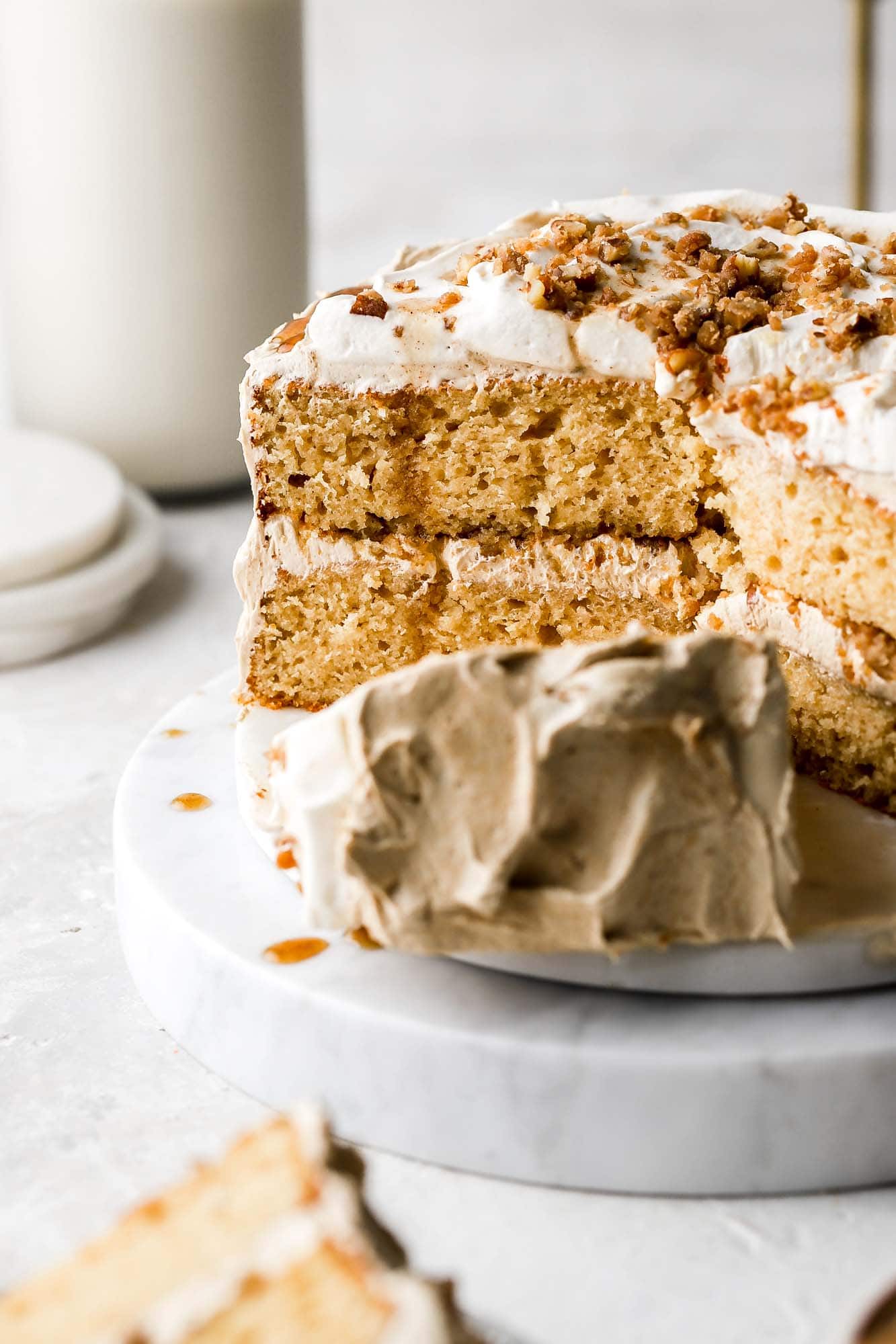 brown sugar cake with espresso ermine buttercream and whipped cream