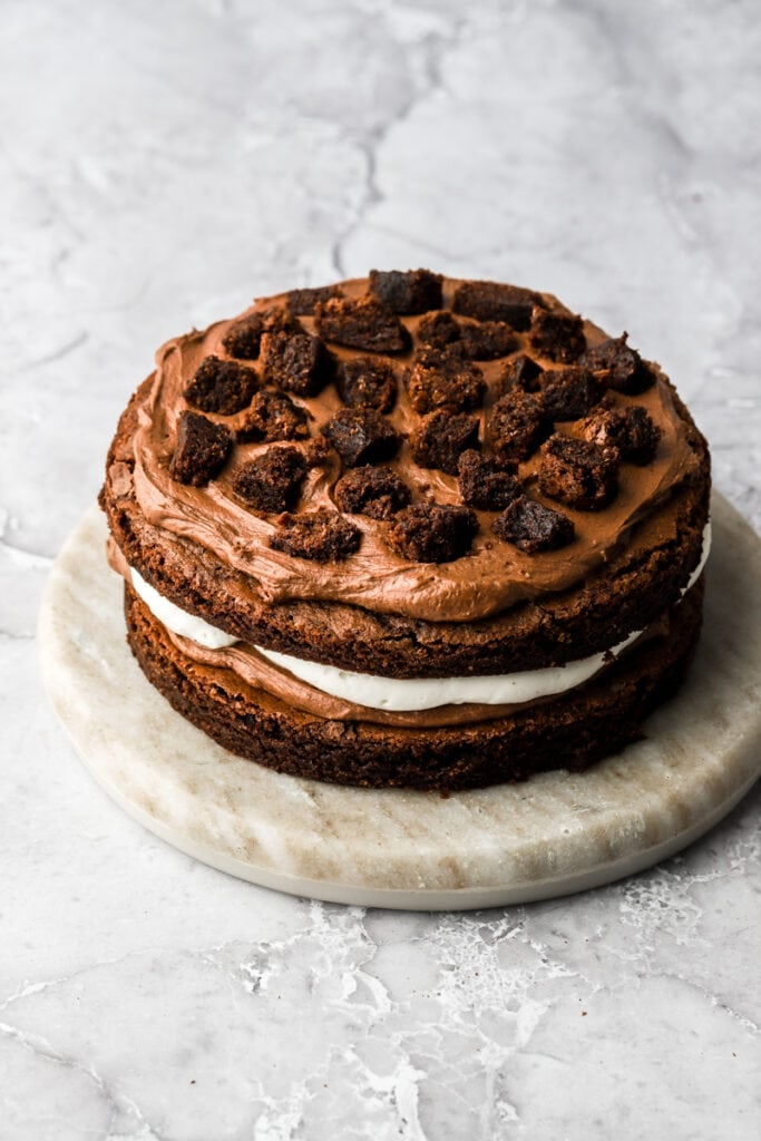 chocolate frosting layer topped with brownie chunks