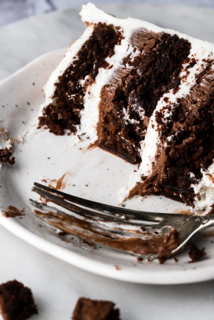 close up of slice of brownie cake with all its layers