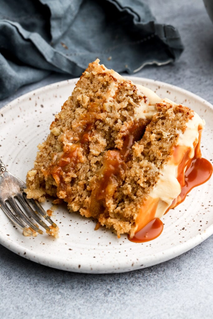 slice of caramel apple cake on a plate