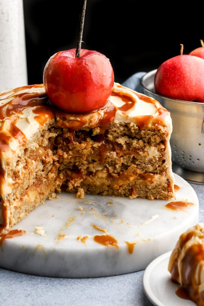 caramel apple cake sliced showing the inside