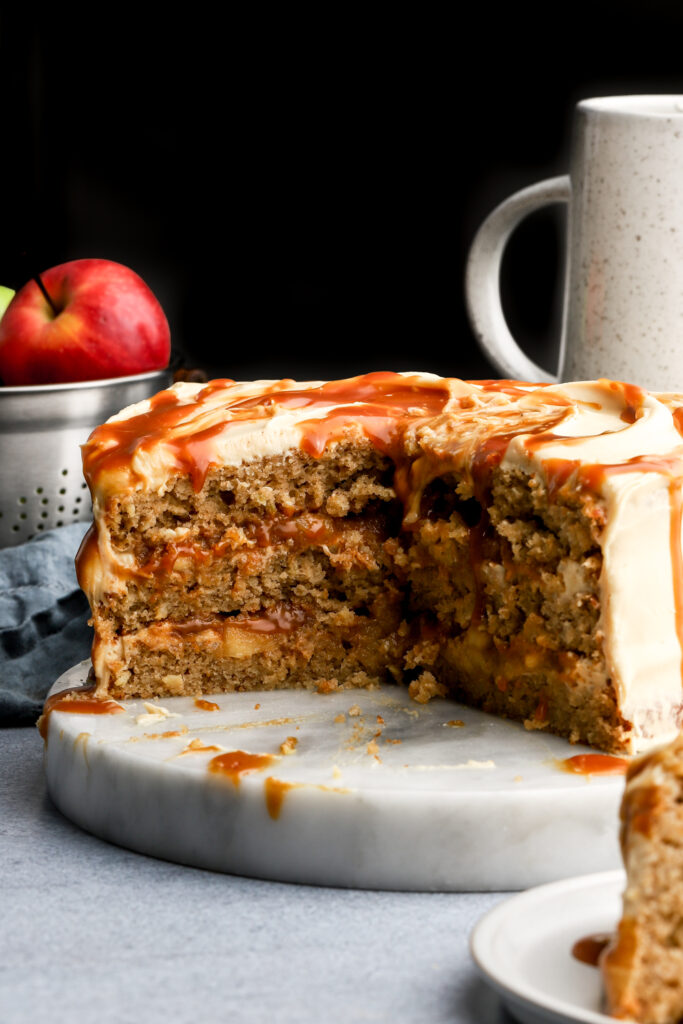 caramel apple cake sliced showing the inside