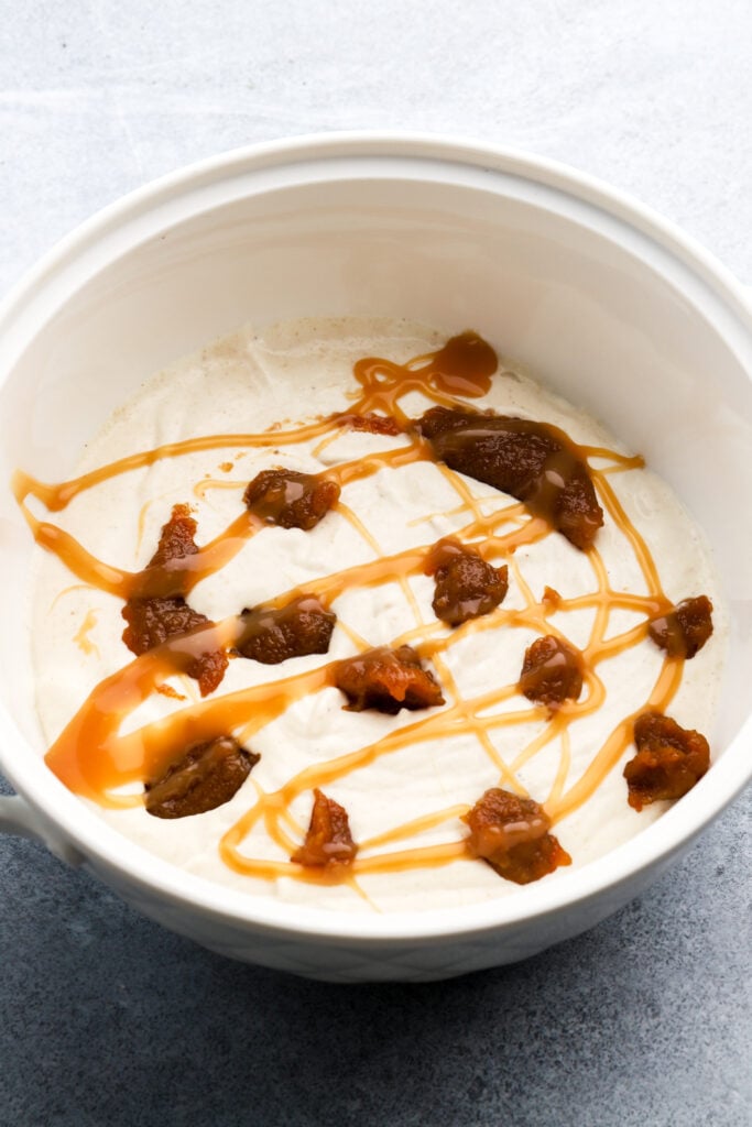ice cream with apple butter globs and caramel swirls