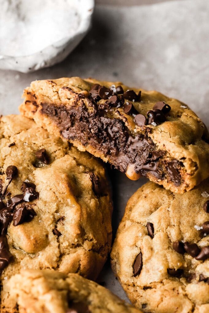 chocolate chip cookie with caramel stuffed inside 